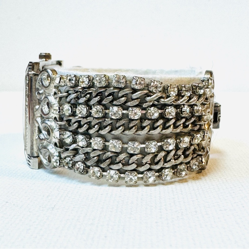 Vintage Forem Mother Of Pearl Women's Silver Crystals Chain Bracelet Watch - Picture 5 of 12